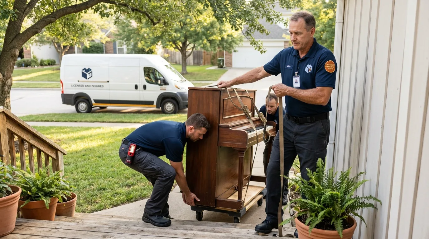 Licensed piano movers securing grand piano in Studio City, CA