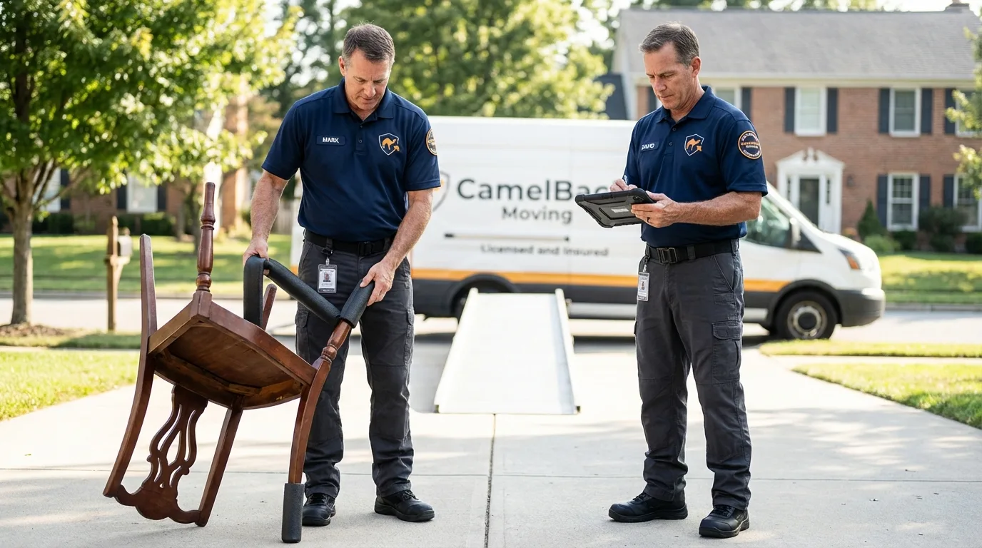 Movers inspecting furniture for damage prevention before loading in Studio City, CA