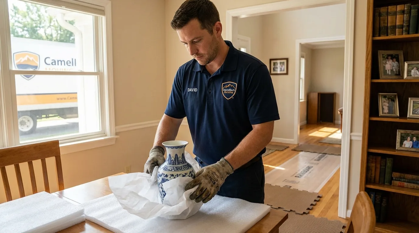 Professional crew carefully wrapping antique vase for senior downsizing move in Studio City, CA